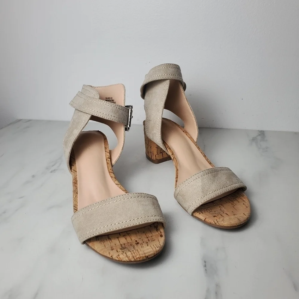 Sears faux suede ankle strap cork heel sandals - Picture 5 of 6